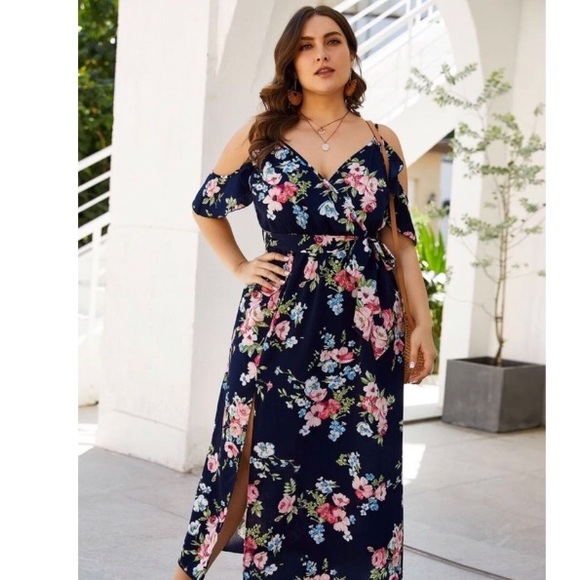 navy floral cold shoulder maxi dress
